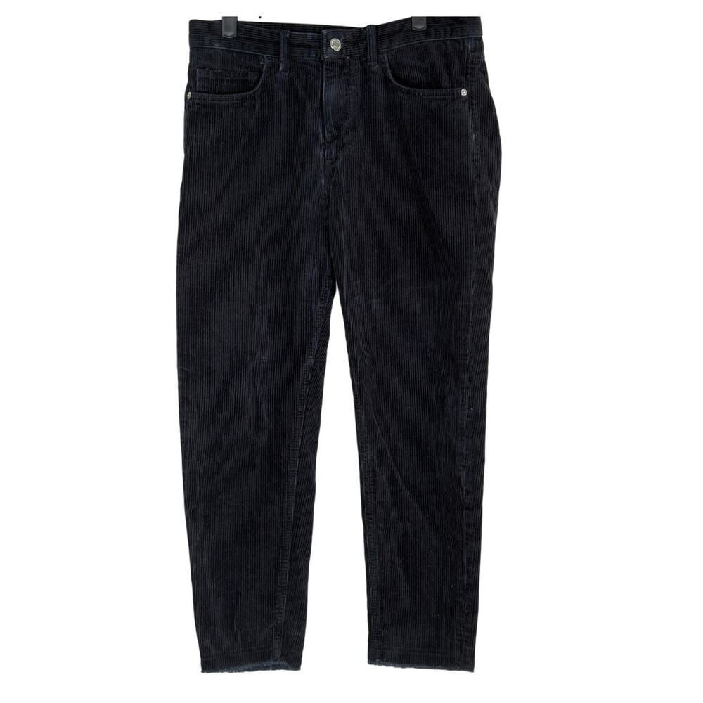 Zara Corduroy Straight Leg High Rise Cropped Pants Trousers Raw Hem 31 Black